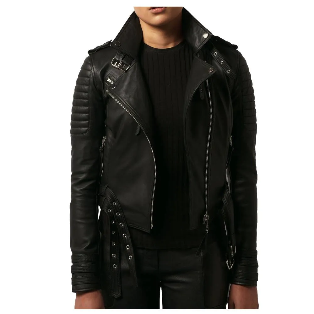 WOMEN WAIST BELTED MOTO SLIM FIT BIKER JACKET LAMBSKIN BIKER JACKET