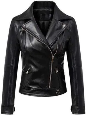 Women's Black Leather Jacket Slim Fit Biker Motorcycle Coat