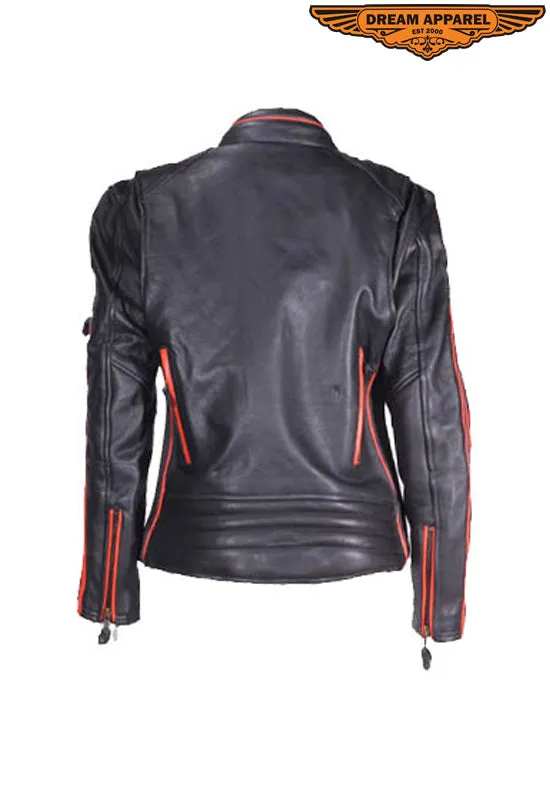 Womens Leather Racer Jacket with Orange Stripes