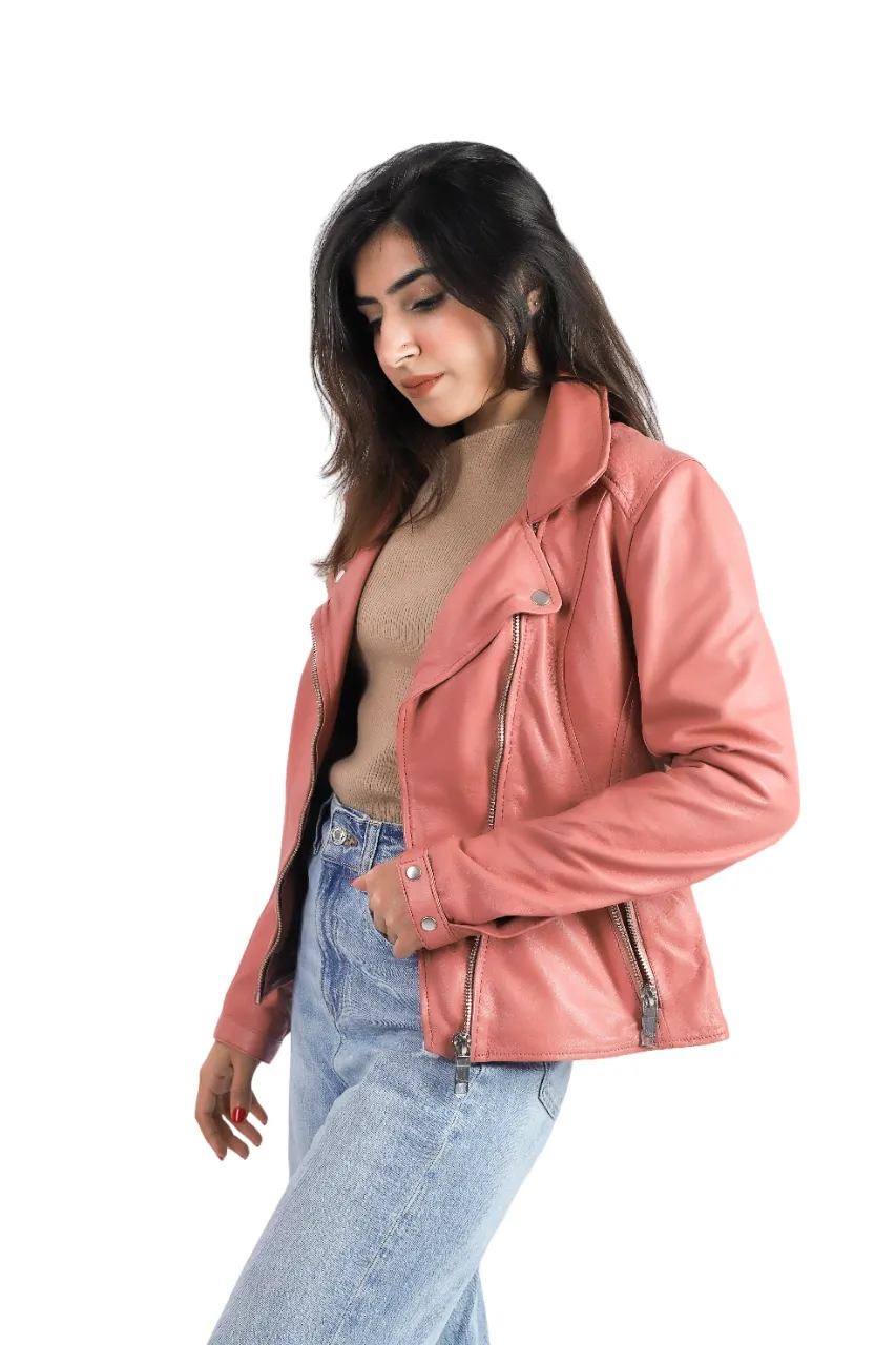 Womens Sheep Leather Jacket Biker Racer Jacket Rose Color – ELF10