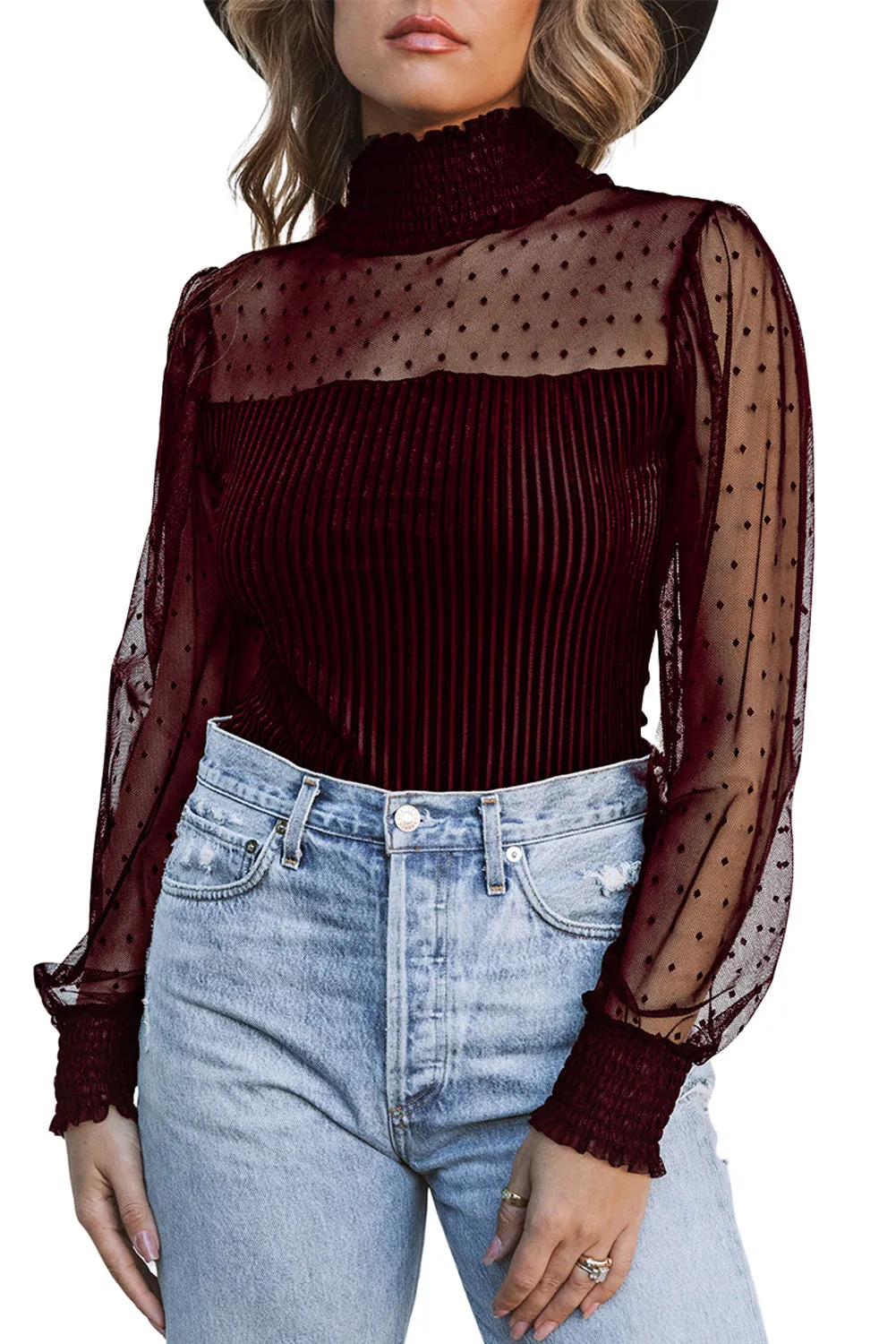 Women's Sheer Dotty Long Sleeve Ribbed Mesh Velvet Bodysuit