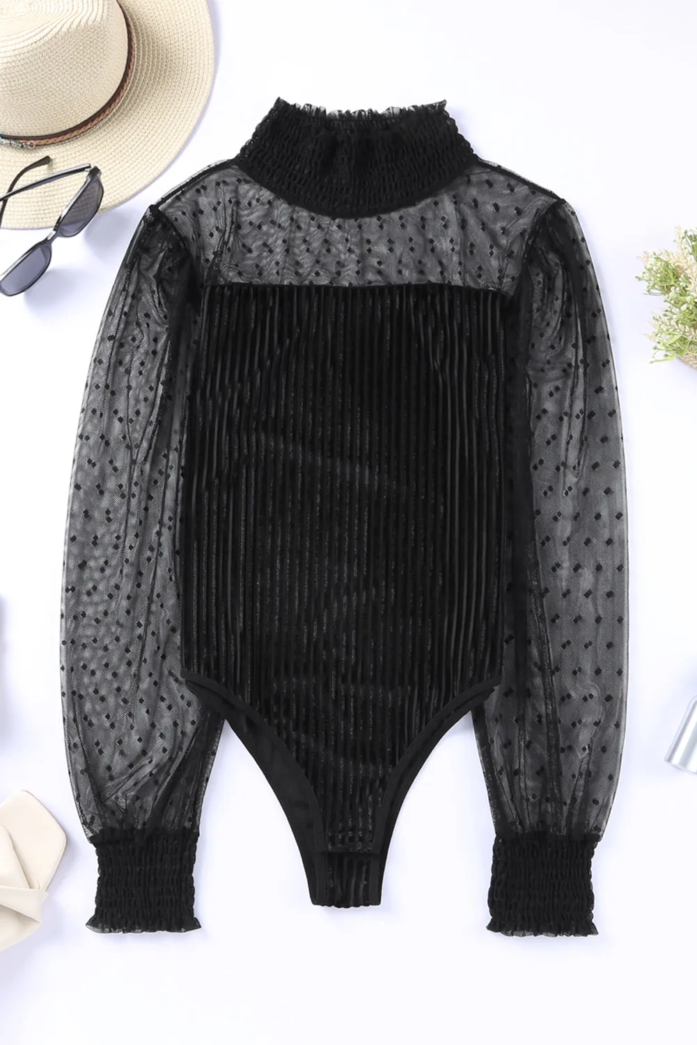 Women's Sheer Dotty Long Sleeve Ribbed Mesh Velvet Bodysuit