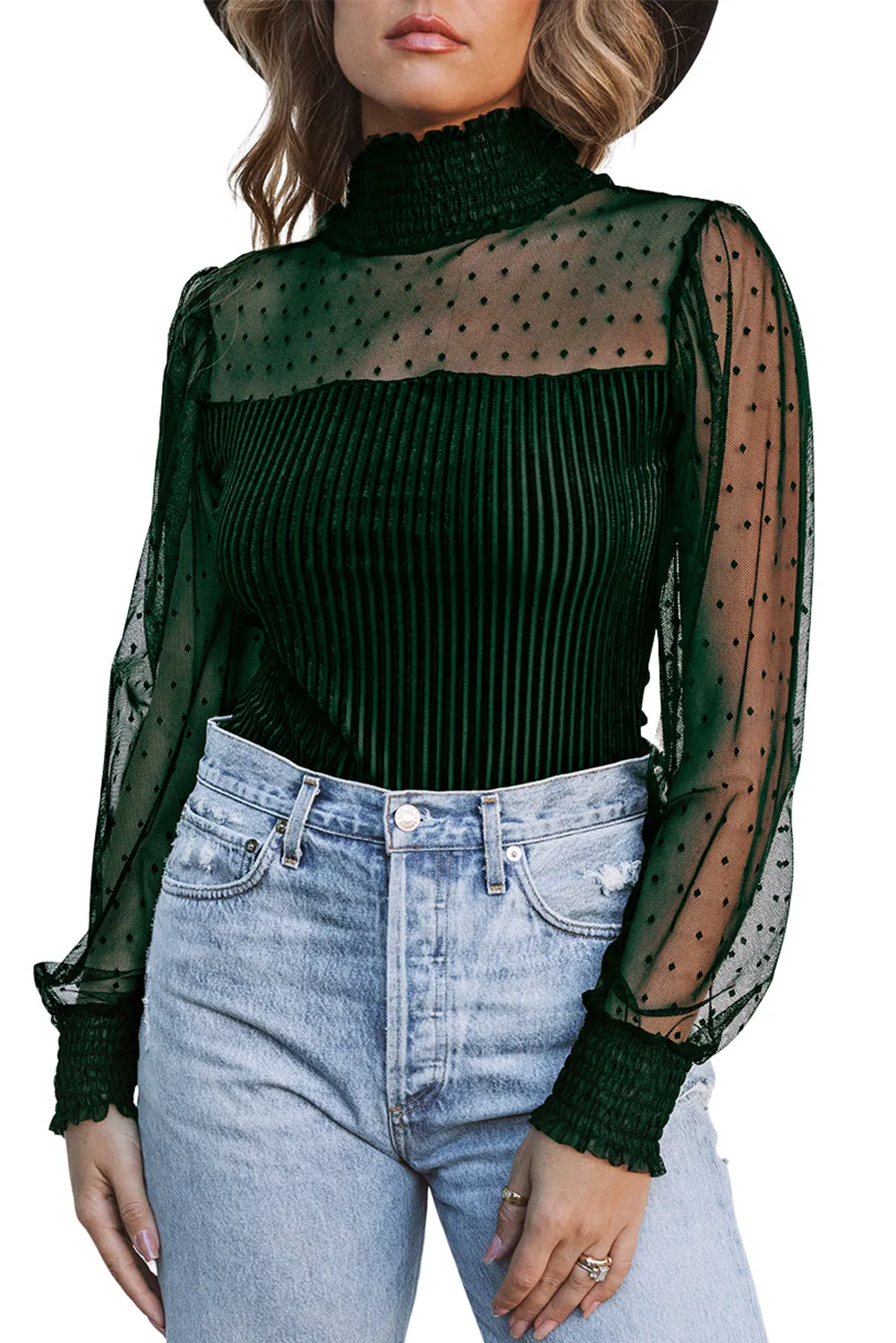 Women's Sheer Dotty Long Sleeve Ribbed Mesh Velvet Bodysuit