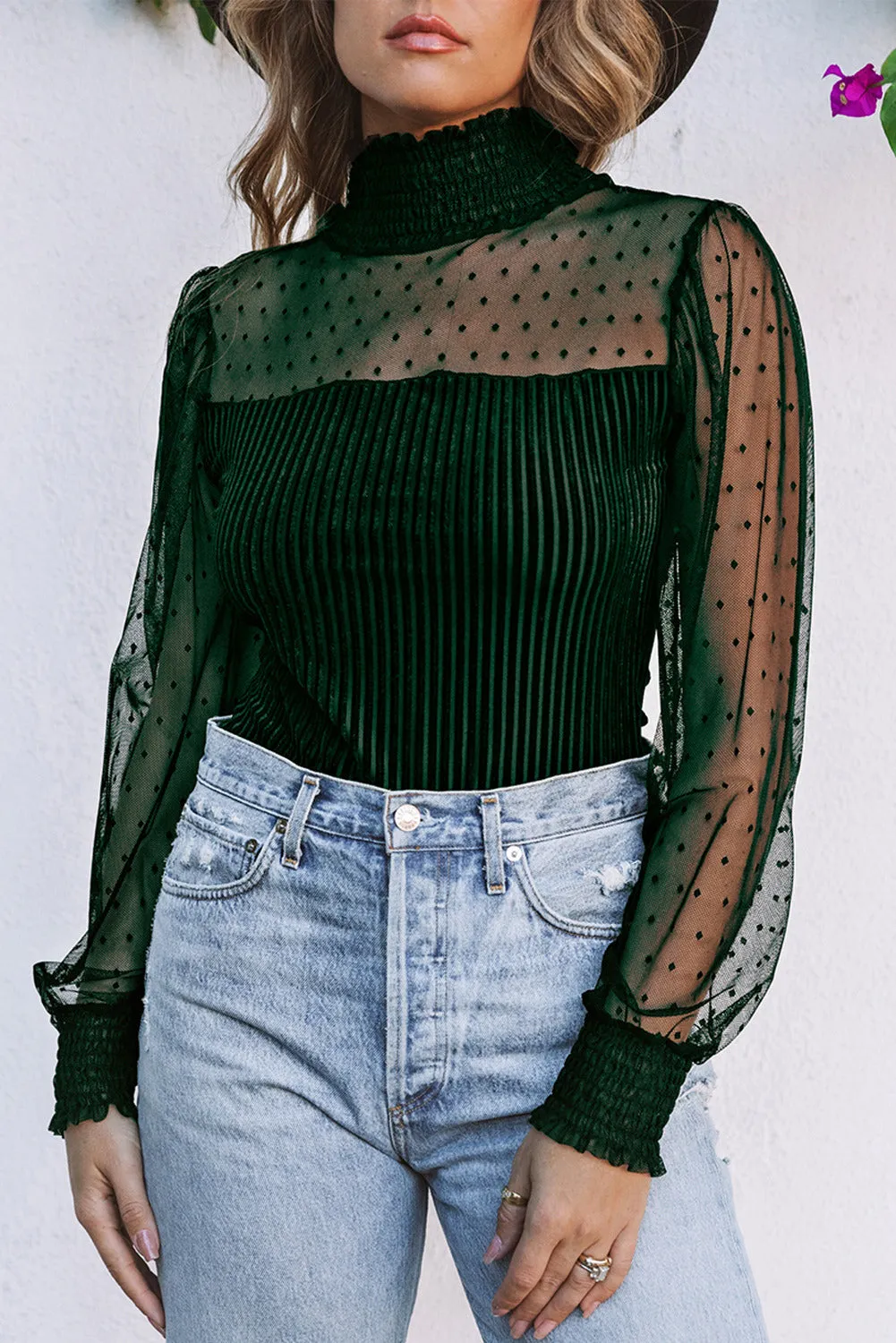 Women's Sheer Dotty Long Sleeve Ribbed Mesh Velvet Bodysuit