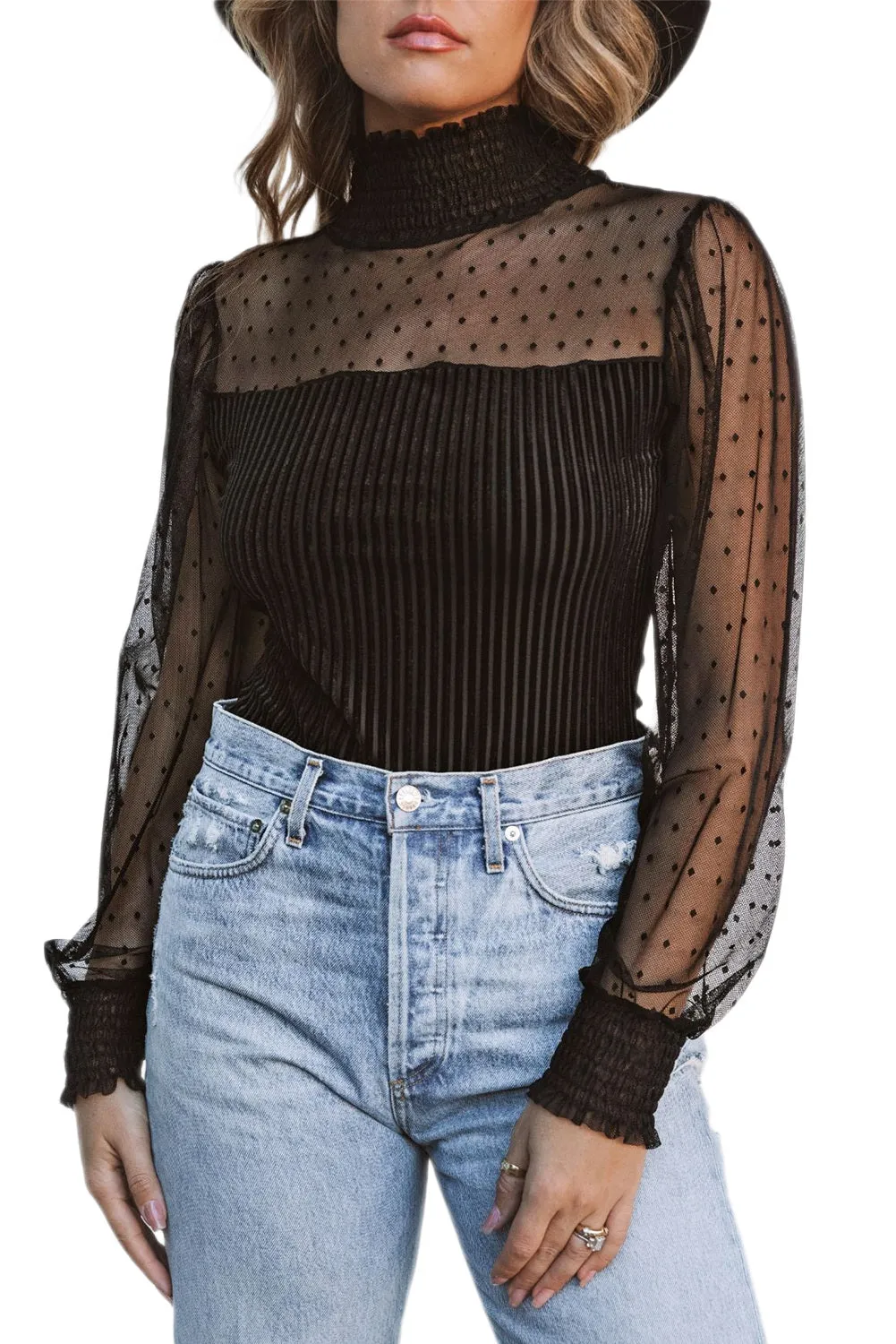 Women's Sheer Dotty Long Sleeve Ribbed Mesh Velvet Bodysuit