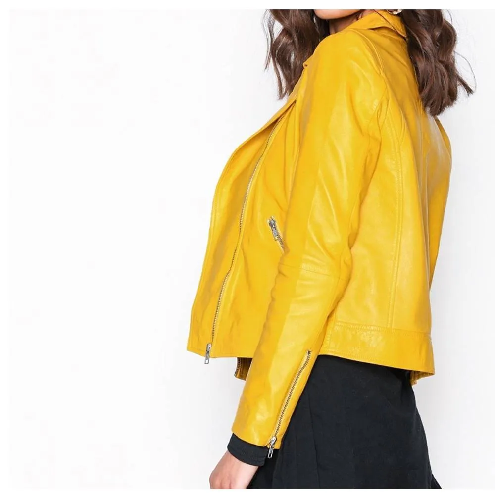 Yellow Retro Women Fashion Leather Jacket