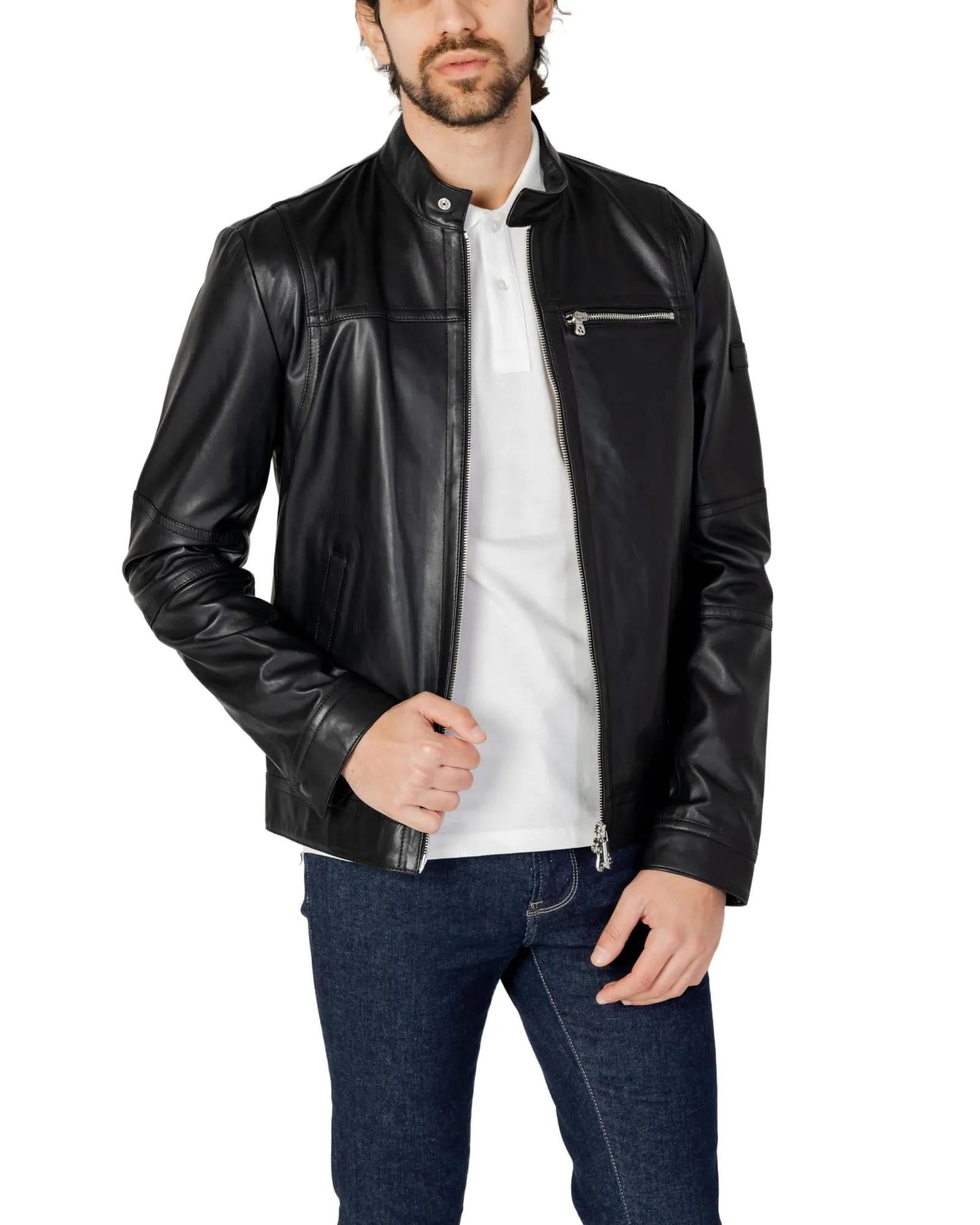 Zip-Front Leather Jacket with Pockets